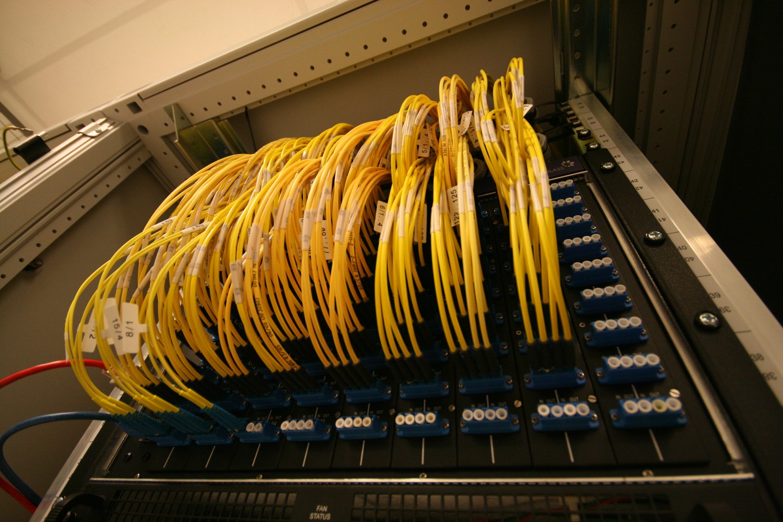 Yellow optical fibers connected to a network patch panel at AMS-IX in Amsterdam.