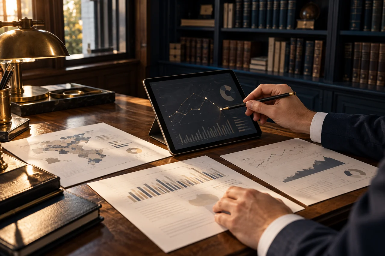 Analysis of documents and sources at a research desk.
