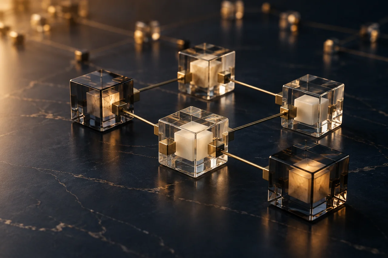 Interconnected elements evoke distributed ledgers, blockchain, and digital trust.