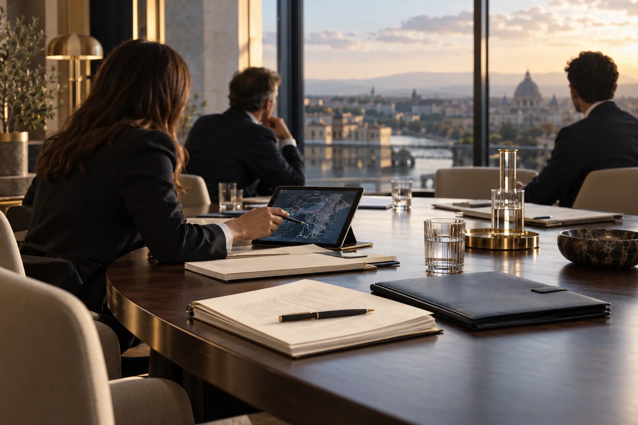 Professionals gathered around a table with documents and analytical tools.