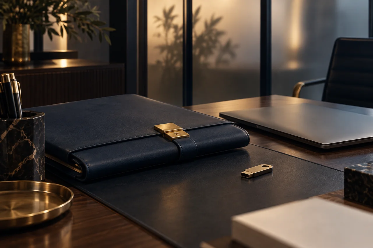 Documents kept in a portfolio and a protected device in a private workspace.
