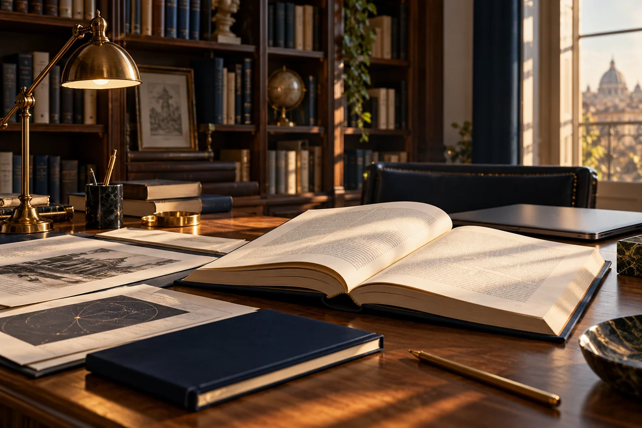Books and research materials on a library table, illuminated by a reading lamp.