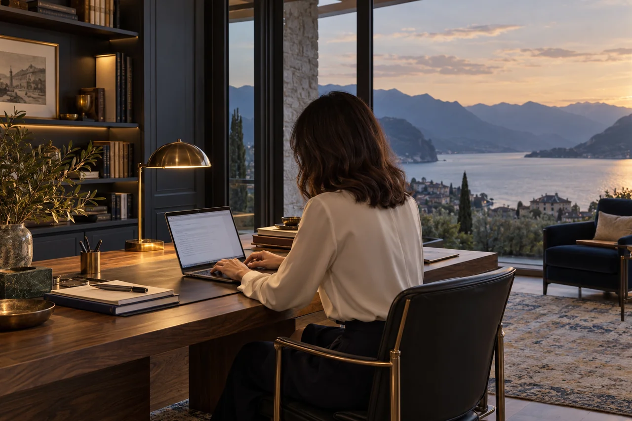 Illustrative scene: a professional seen from behind works at a computer in a study overlooking a lake and mountains at dusk.