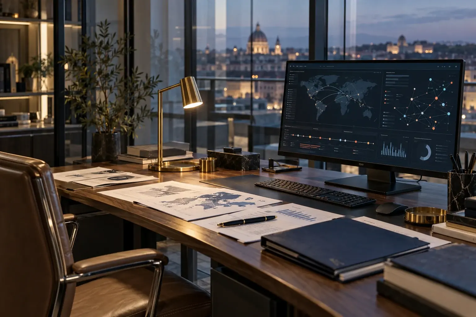 Scena illustrativa: postazione di analisi delle minacce informatiche, con fonti documentali e visualizzazioni di rete.
