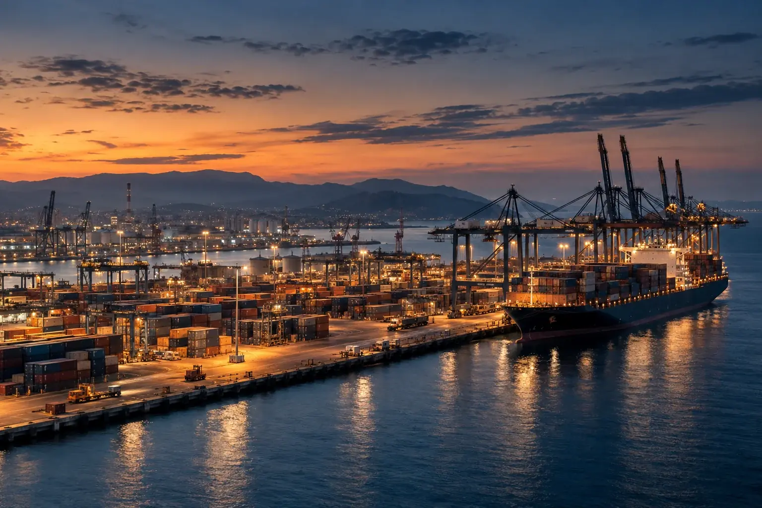 Scena illustrativa: porto commerciale al crepuscolo, con navi e infrastrutture delle filiere internazionali.