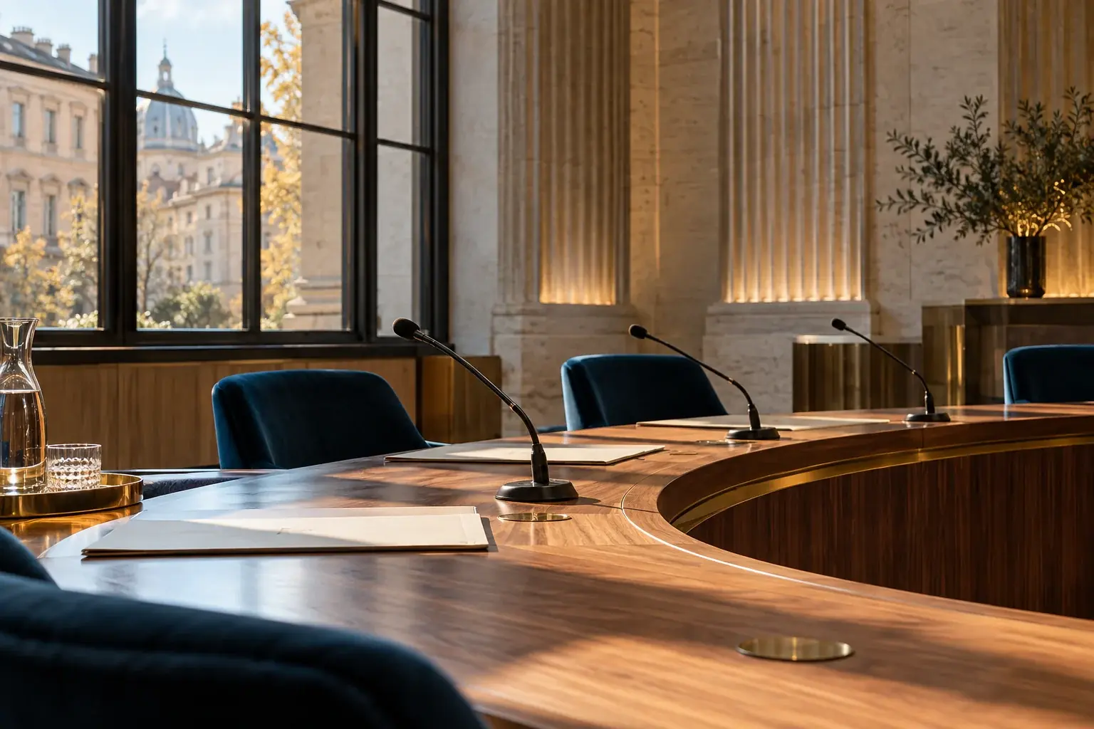 Scena illustrativa: sala di confronto istituzionale con microfoni e documenti per la discussione.