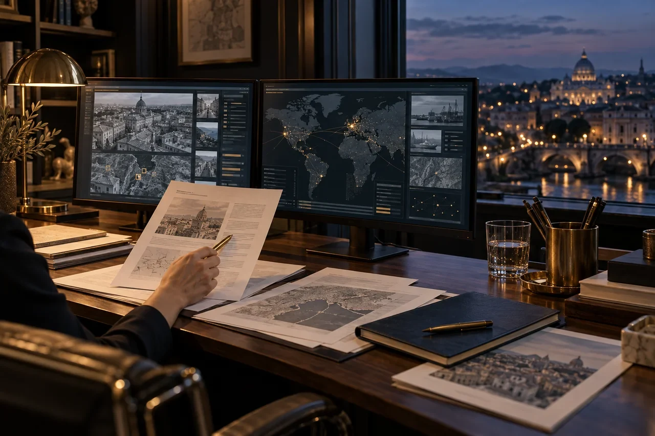 Fonti cartografiche e digitali su una postazione di analisi.