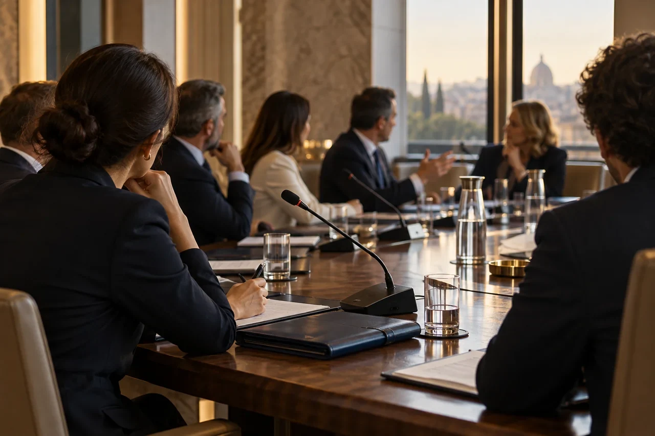 Scena illustrativa di un confronto tra professionisti attorno a un tavolo di lavoro.